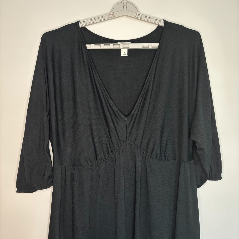 AVA & VIV Womens 1X Gauze Stretch VNeck Midi Dress Black 3/4 Balloon Sleeve Plus - Picture 3 of 8